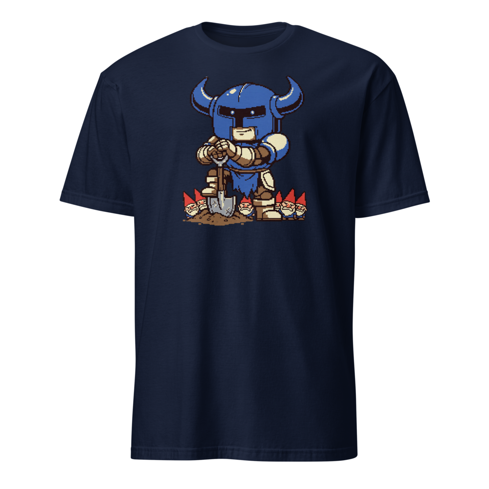 Pixel Knight Gnome Gardener Retro 16-Bit Gaming Tee — navy front view