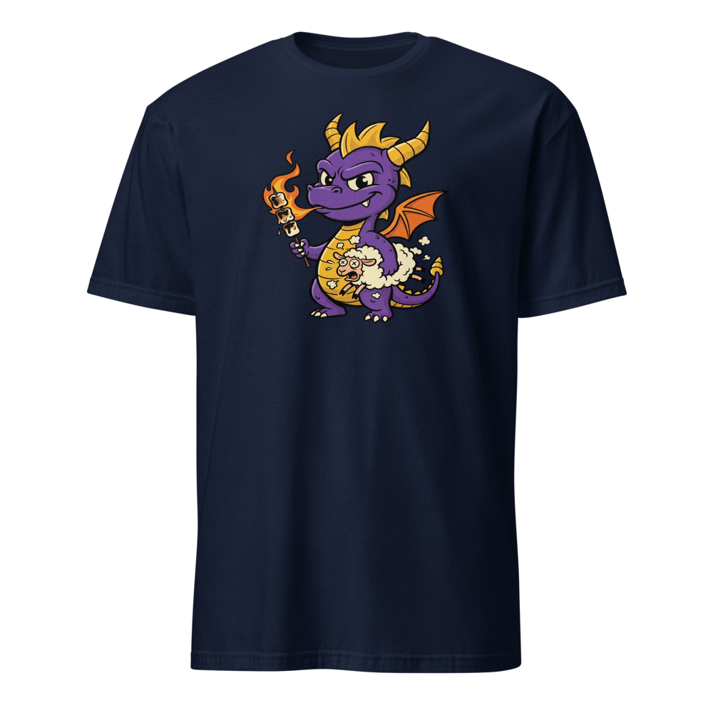 Purple Dragon Marshmallow Roast Retro Gamer Tee — navy front view
