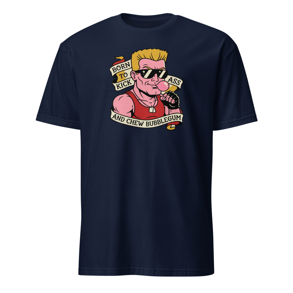Bubblegum Action Hero Traditional Tattoo Flash Tee — navy front view
