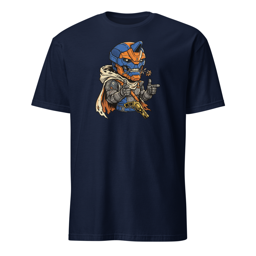 Wisecracking Exo Gunslinger Halftone Pop Art Tee — navy front view