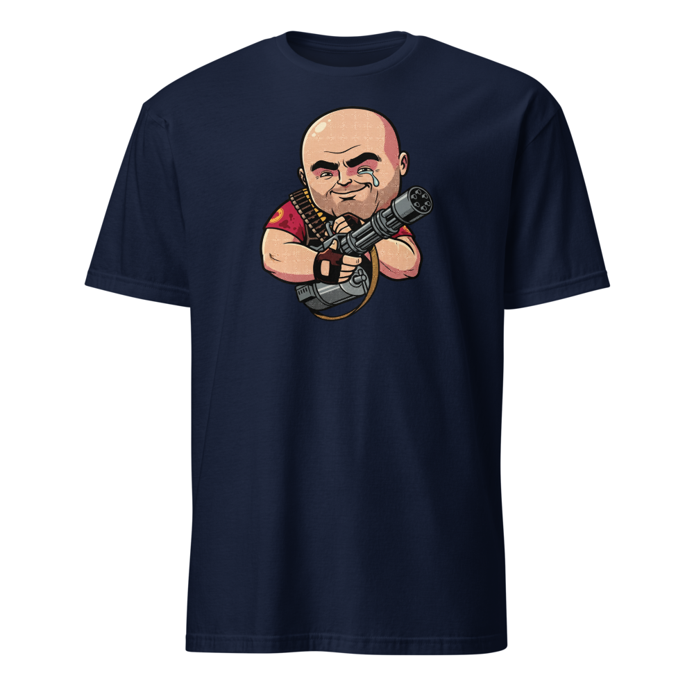 Big Russian Gunner Minigun Hug Pop Art Tee — navy front view