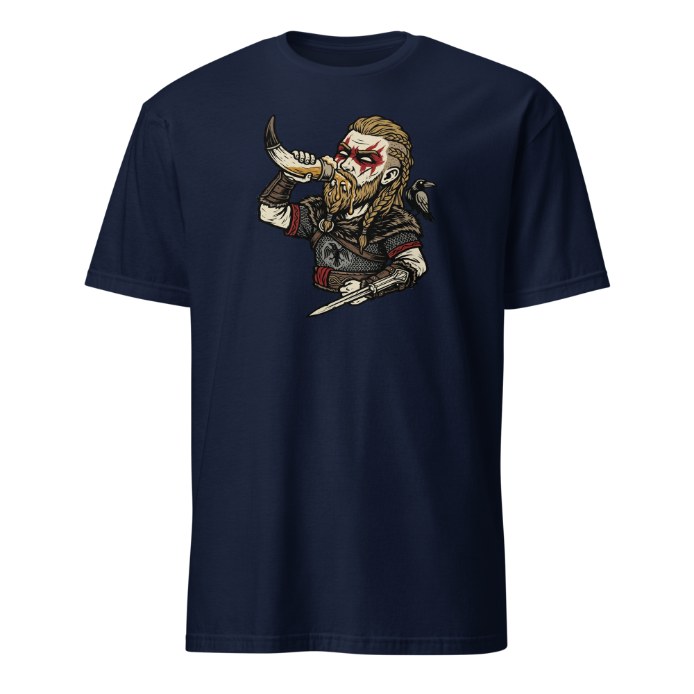 Viking Raider Mead Horn Hidden Blade Woodcut Tee — navy front view