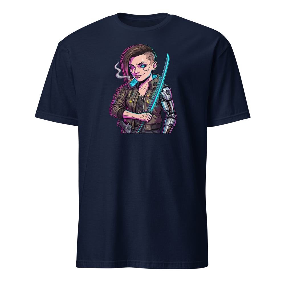 Neon Night City Chrome Merc Katana Tee — navy front view
