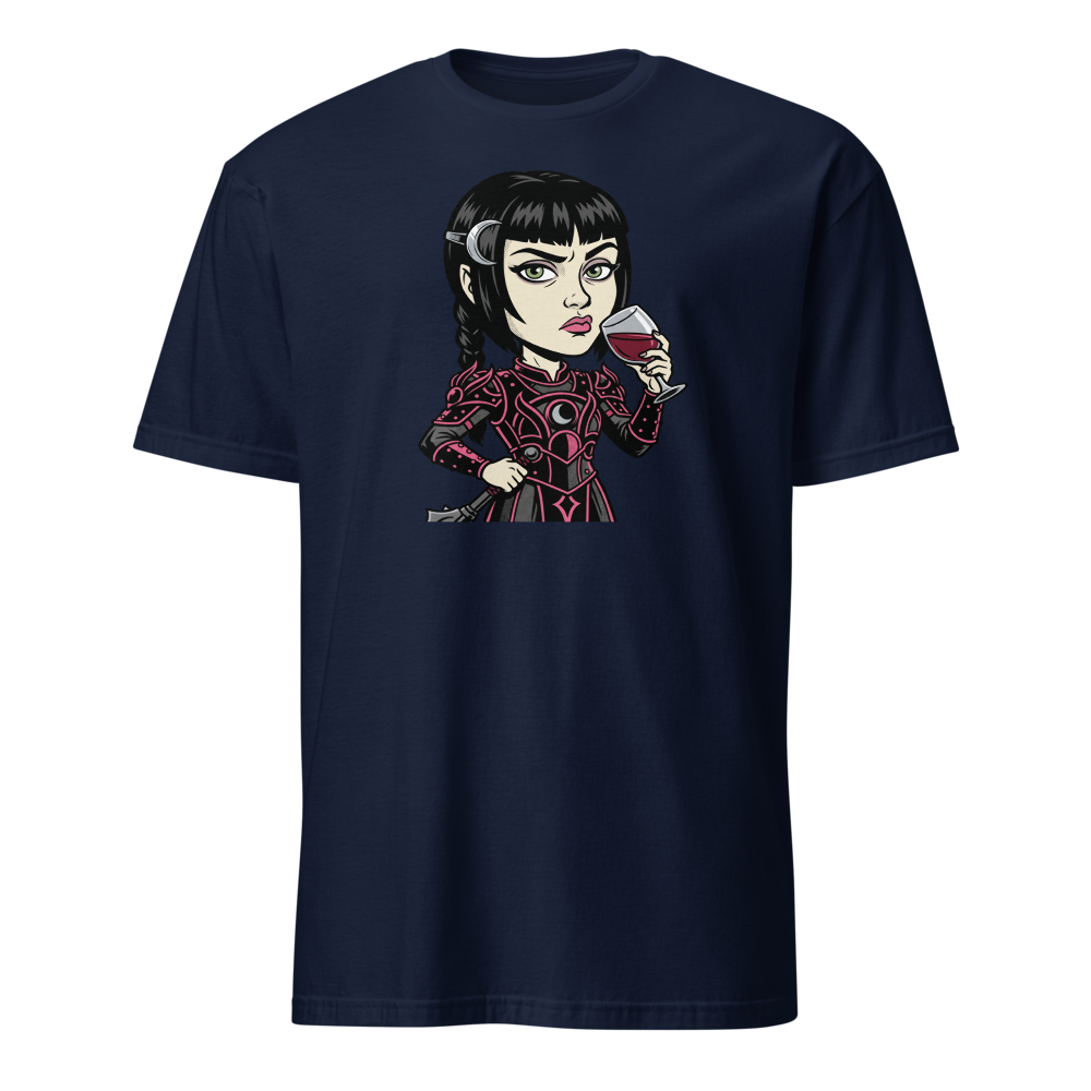 Moody Cleric Wine Judgment Comic Ink RPG Tee — navy front view