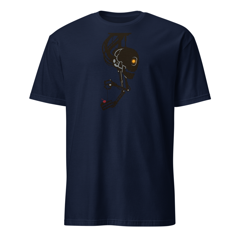 Sarcastic Ceiling AI Dangling Cake Silhouette Tee — navy front view