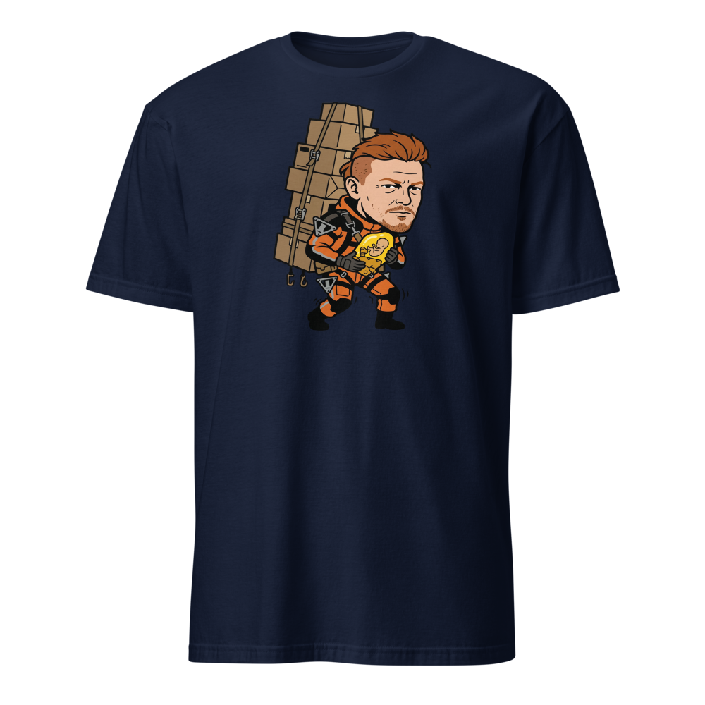 Overworked Courier Parcel Tower Delivery Tee — navy front view
