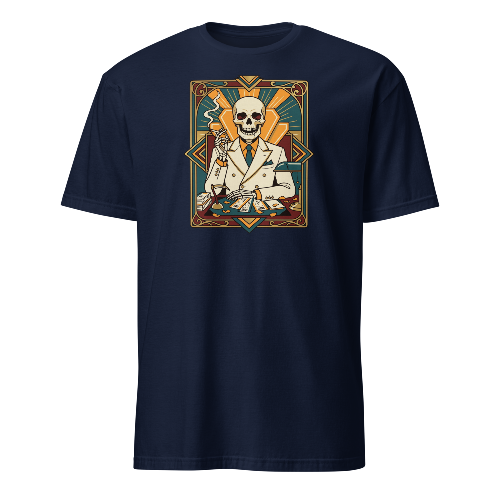 Skeleton Travel Agent Art Deco Noir Tee — navy front view