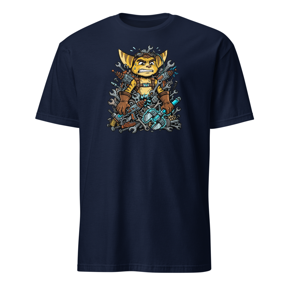 Overwhelmed Space Mechanic Wrench Pile Comic Tee — navy front view