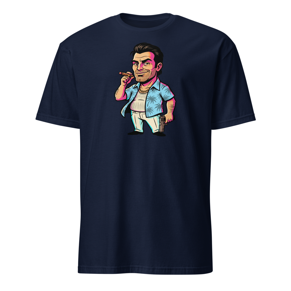 Tropical Mobster Halftone Pop Art Neon Miami Tee — navy front view