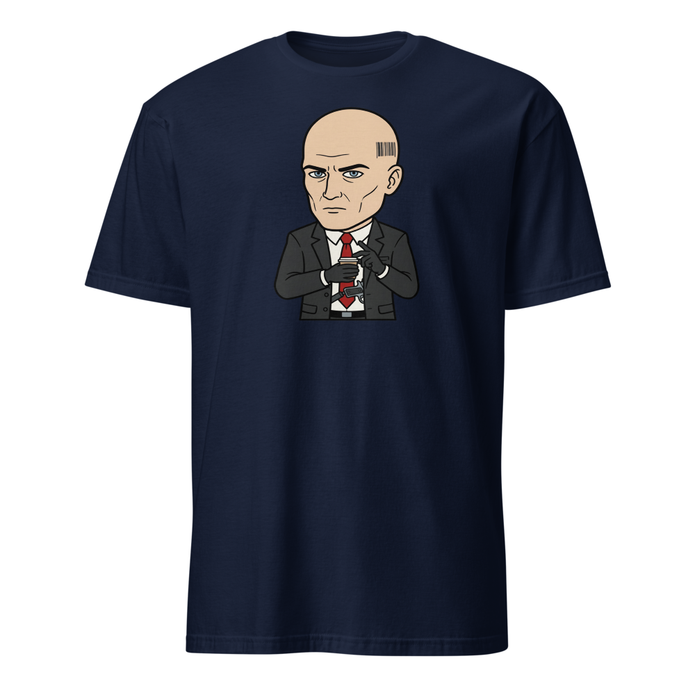 Deadpan Bald Assassin Cappuccino Order Tee — navy front view