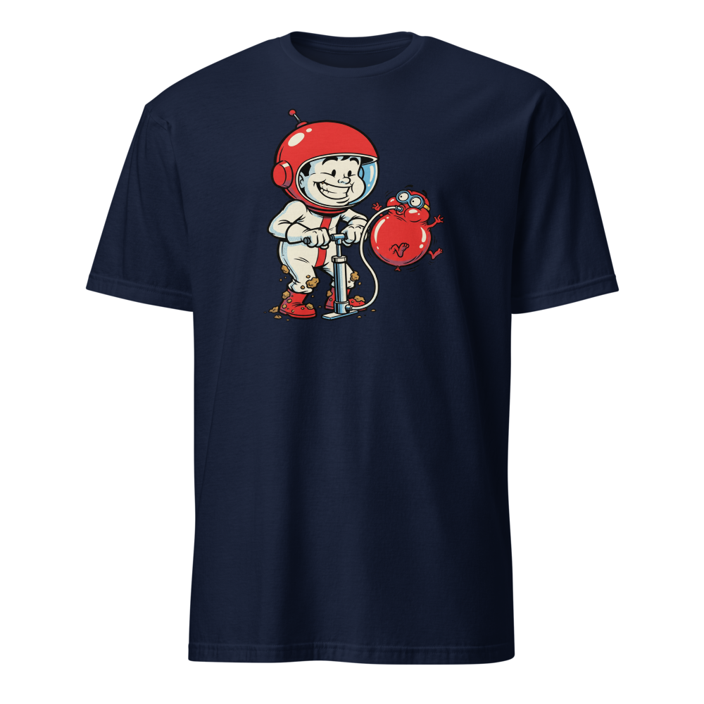 Retro Arcade Pump Clown Comic Ink Graphic Tee — navy front view