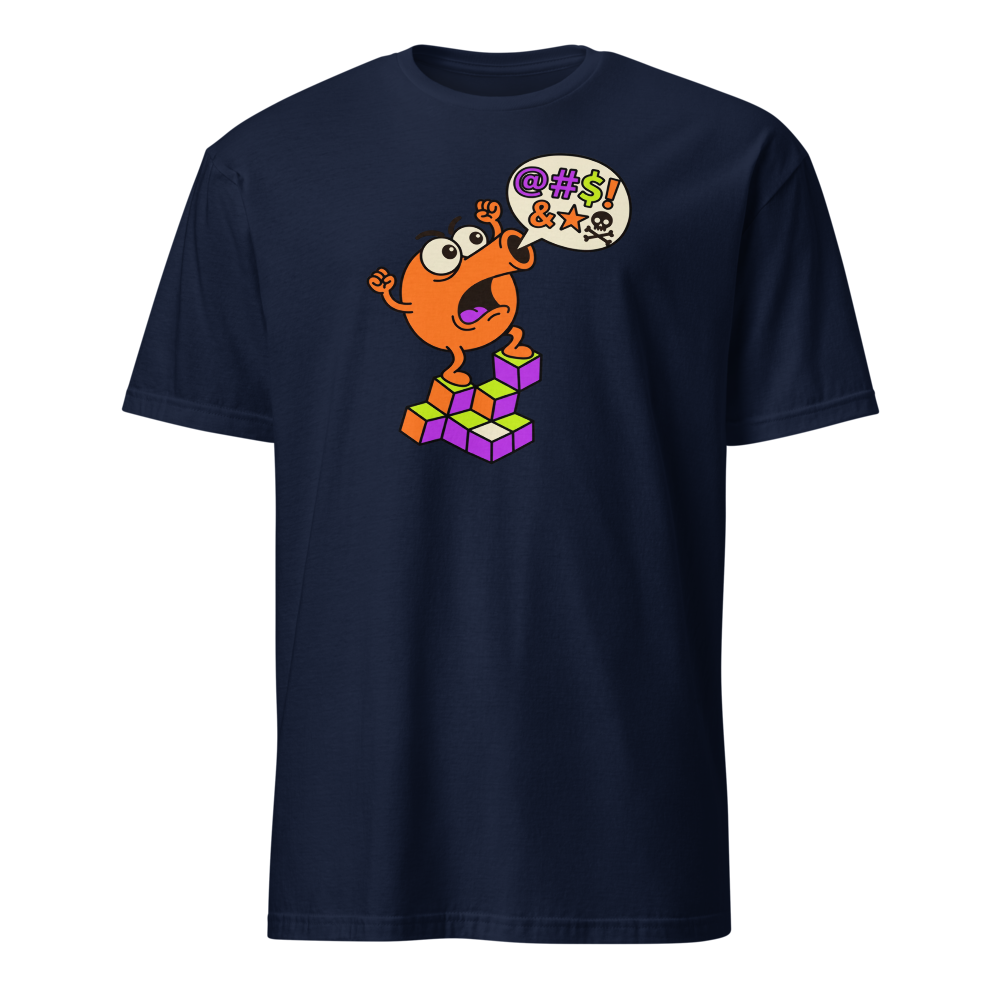 Rage Quit Arcade Gremlin Retro Cube Pyramid Tee — navy front view