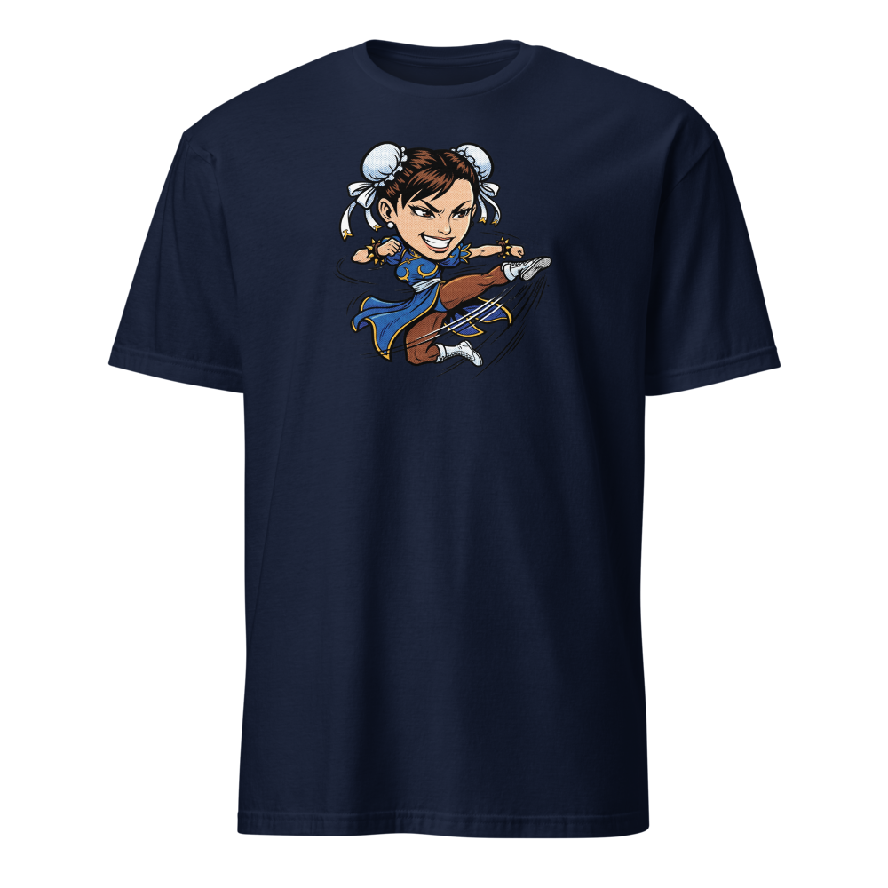 Arcade Fighter Spinning Kick Halftone Pop Art Tee — navy front view