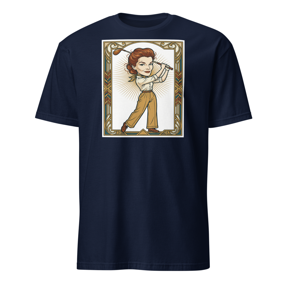 Jazz Age Golf Champion Art Deco Caricature Tee — navy front view