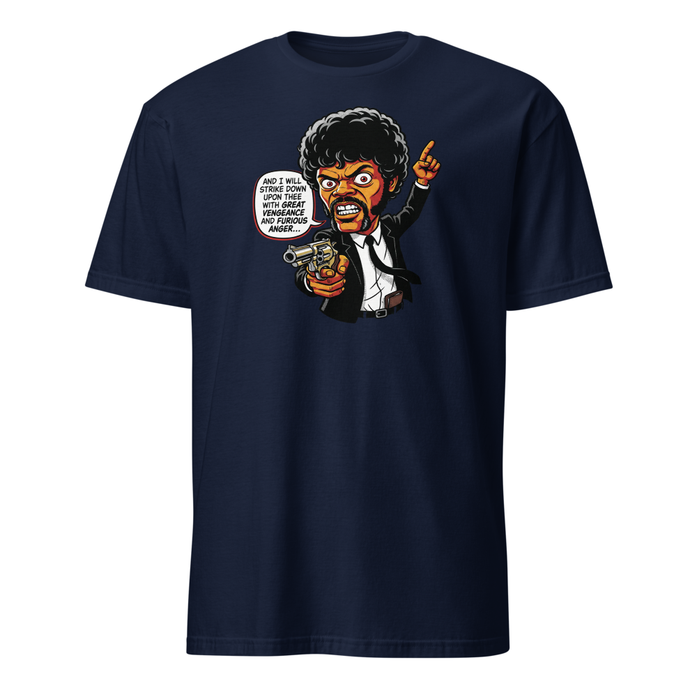 Righteous Hitman Halftone Pop Art Movie Tee — navy front view