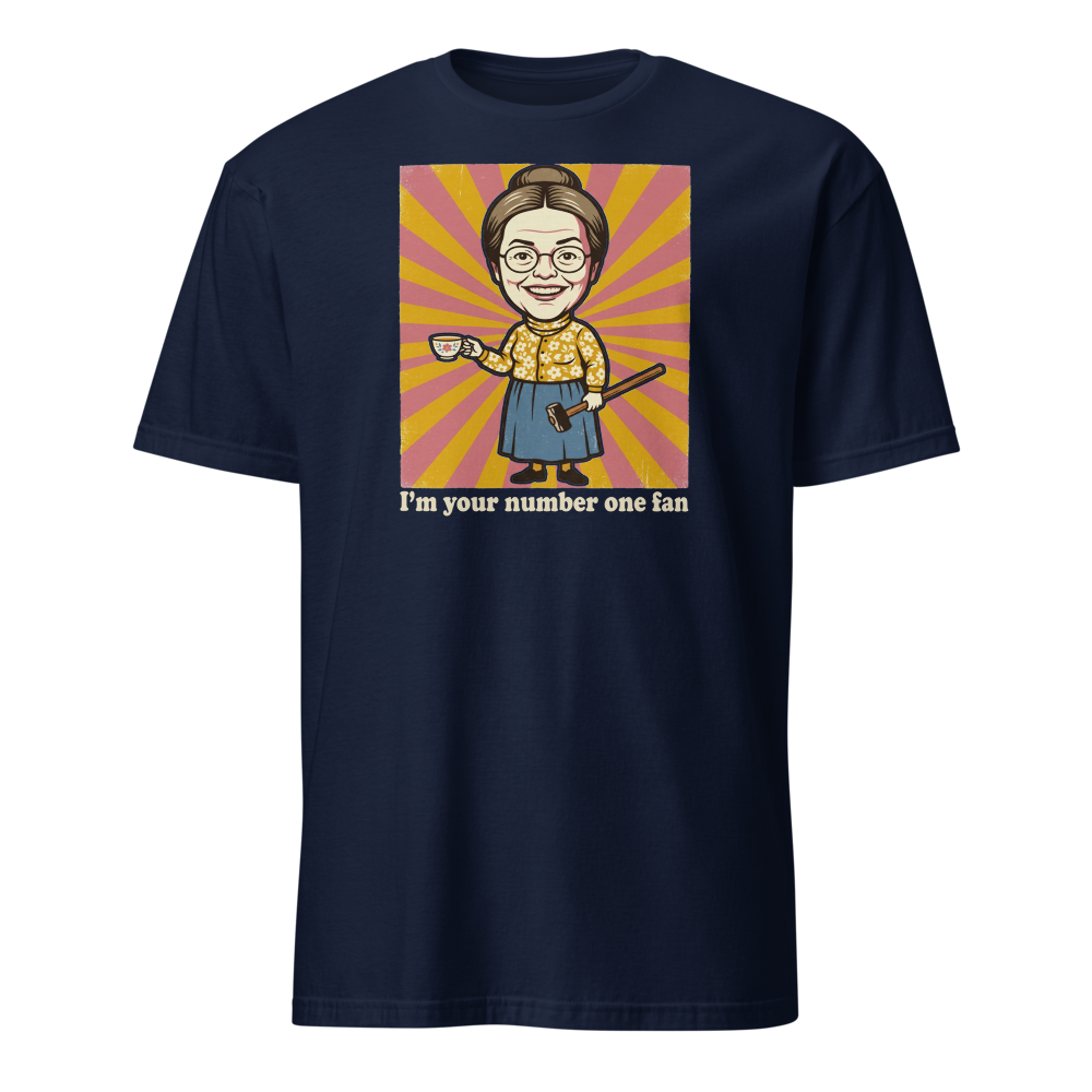 Number One Fan Creepy Housewife Horror Parody Tee — navy front view