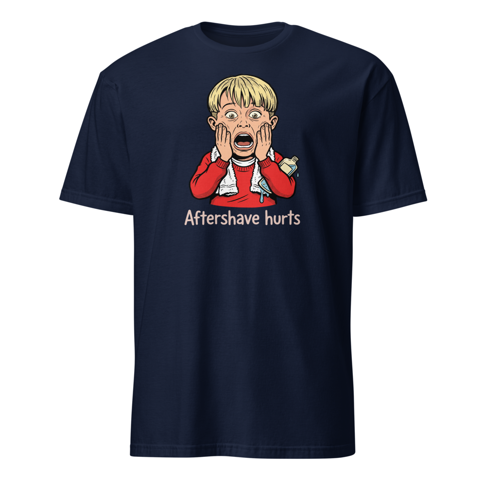 Aftershave Hurts Suburban Scream Comedy Tee — navy front view