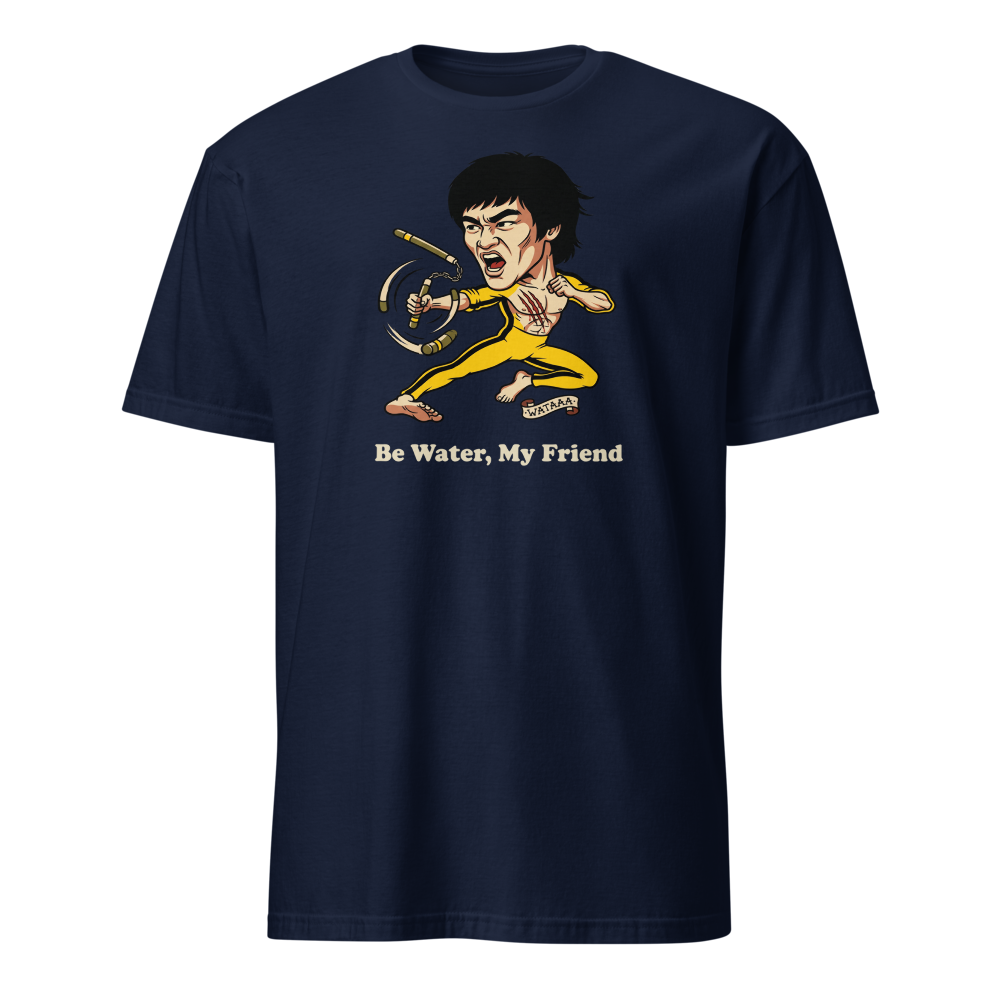 Flying Kick Kung Fu Master Tattoo Flash Tee — navy front view