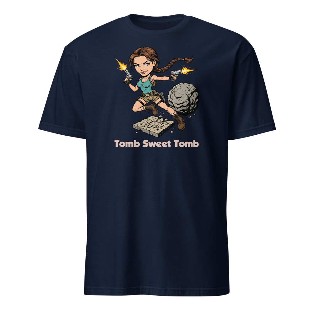 Tomb Sweet Tomb Action Heroine Adventure Tee — navy front view