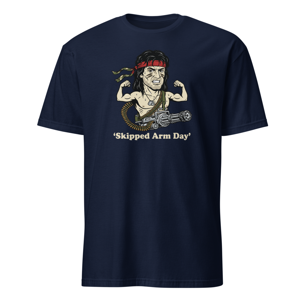 Skipped Arm Day One-Man Army Punk Action Tee — navy front view