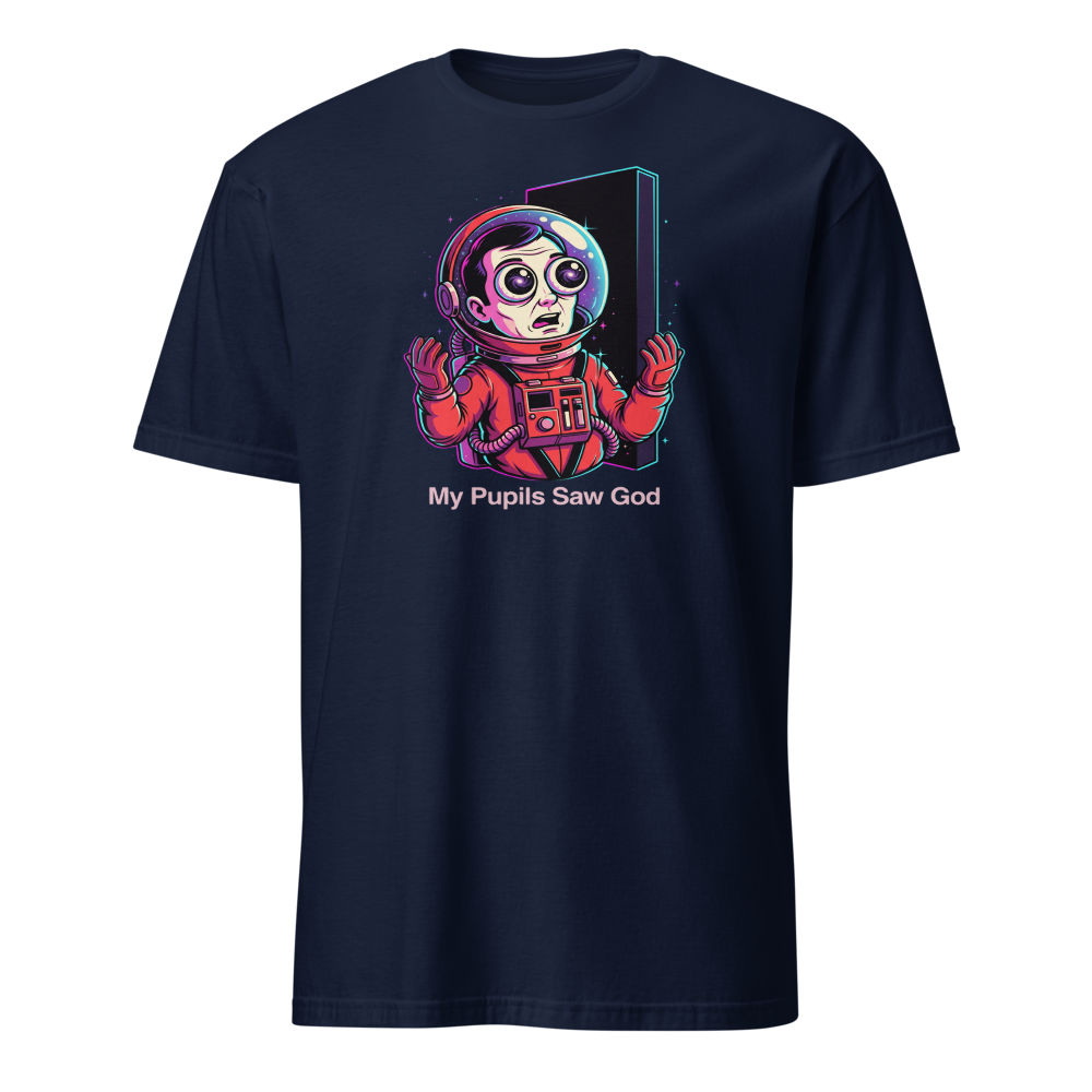 Cosmic Astronaut Monolith Neon Sci-Fi Parody Tee — navy front view