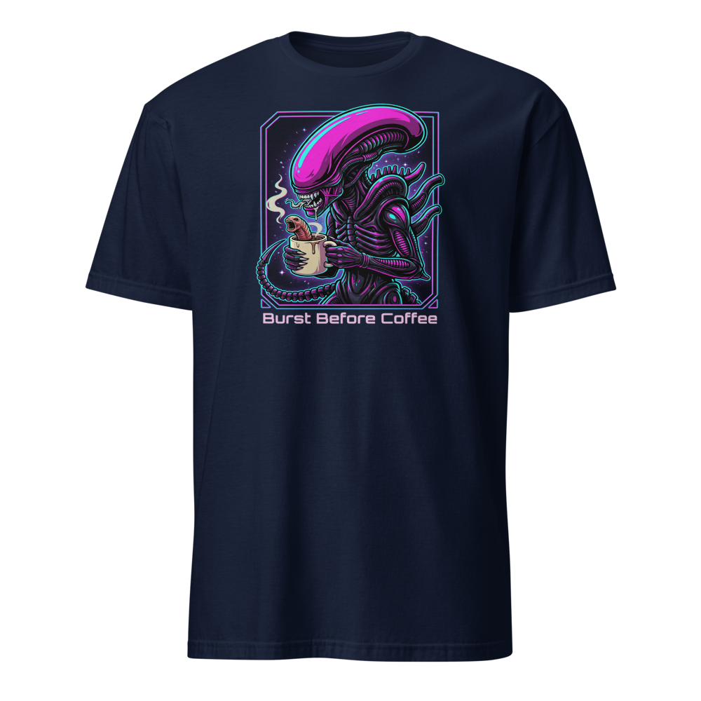 Burst Before Coffee Cyberpunk Alien Horror Tee — navy front view