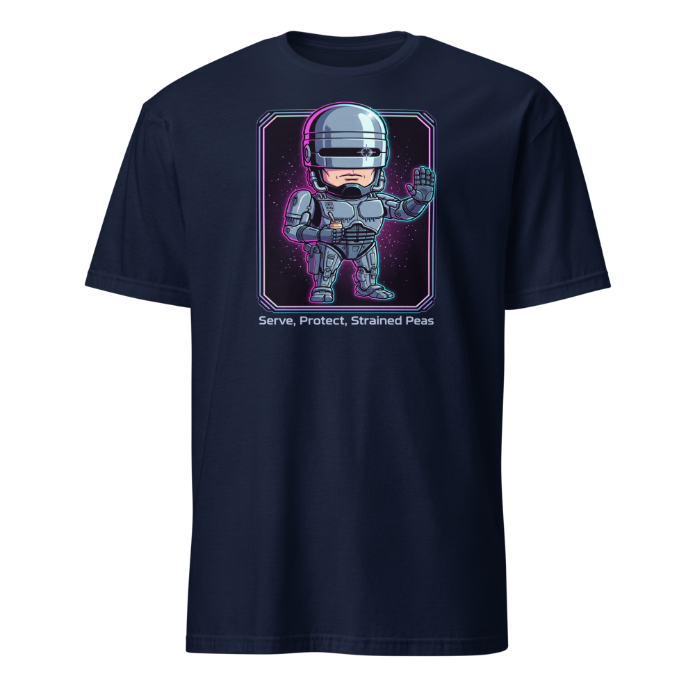 Cyborg Cop Strained Peas Cyberpunk Parody Tee — navy front view