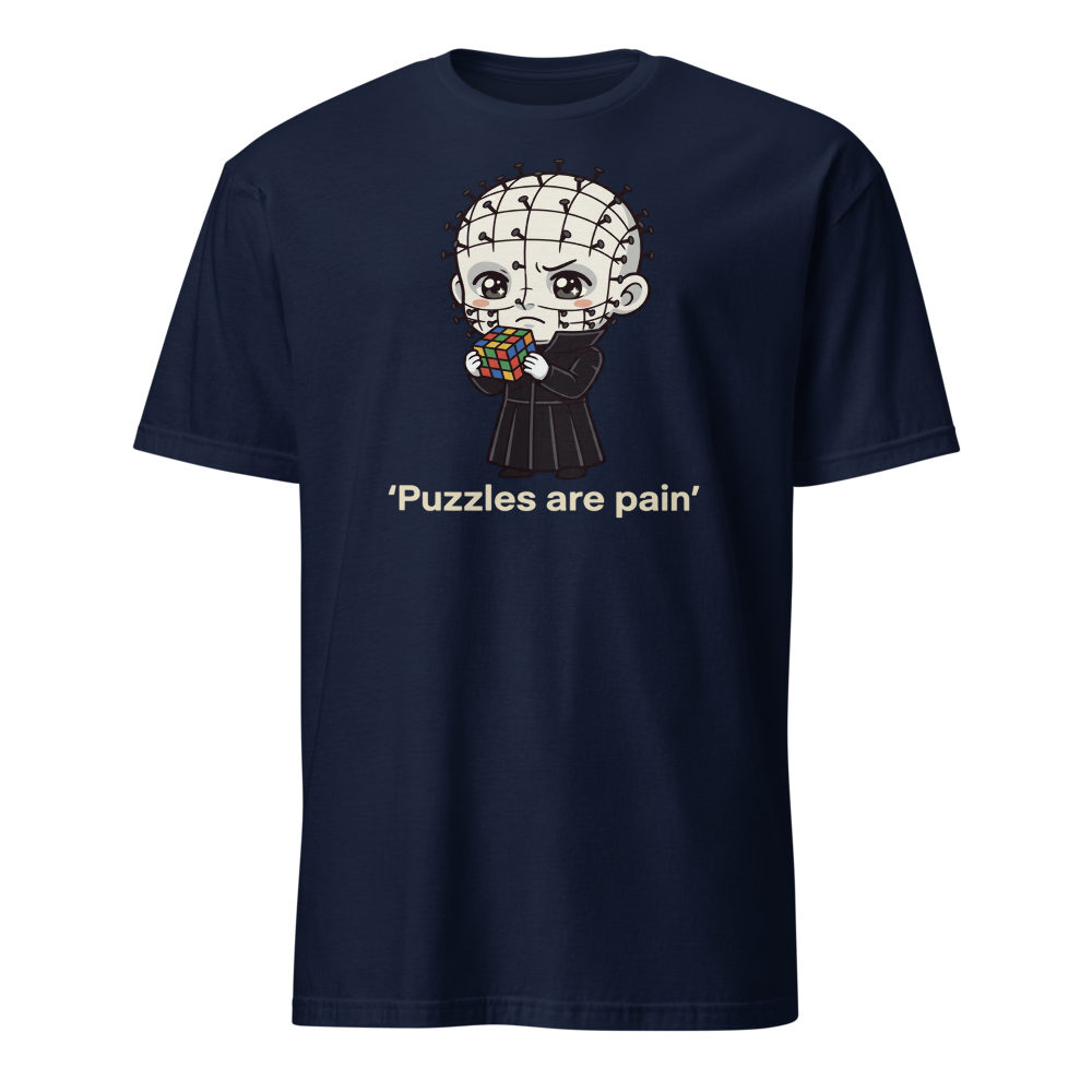 Chibi Puzzle Demon Cute Horror Parody Tee — navy front view