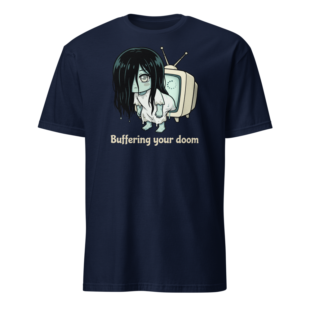 Buffering Your Doom Chibi Kawaii Horror Ghost Tee — navy front view