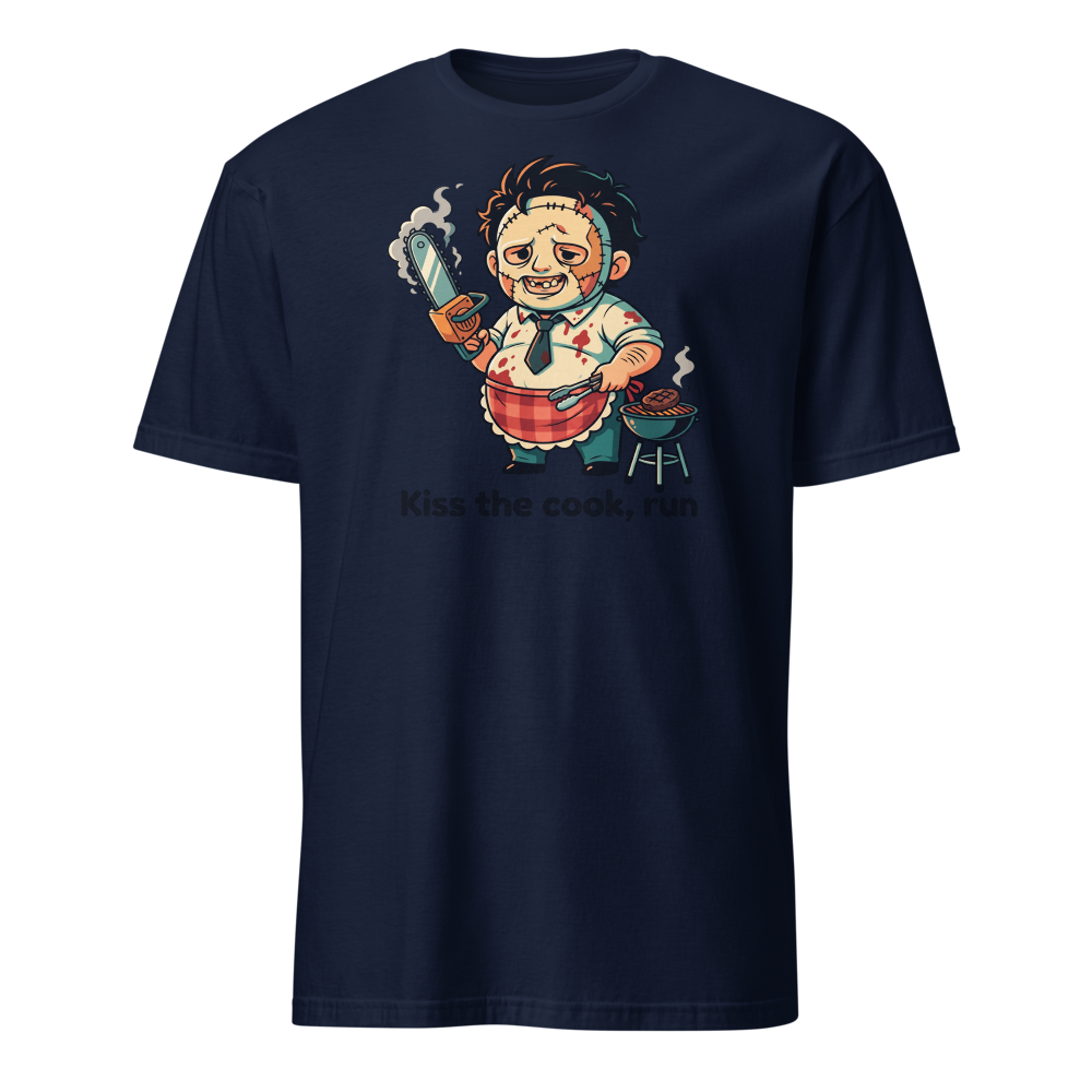 Chibi Slasher Grill Dad Chainsaw BBQ Horror Tee — navy front view