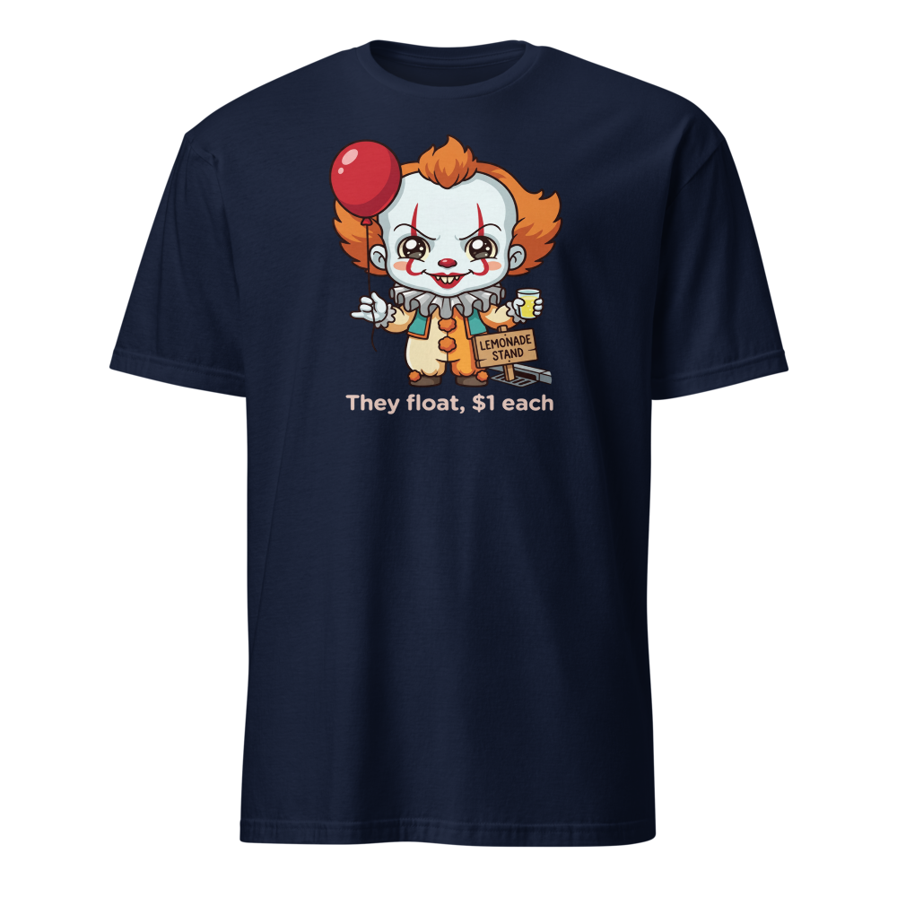 Chibi Creepy Clown Lemonade Stand Horror Parody Tee — navy front view