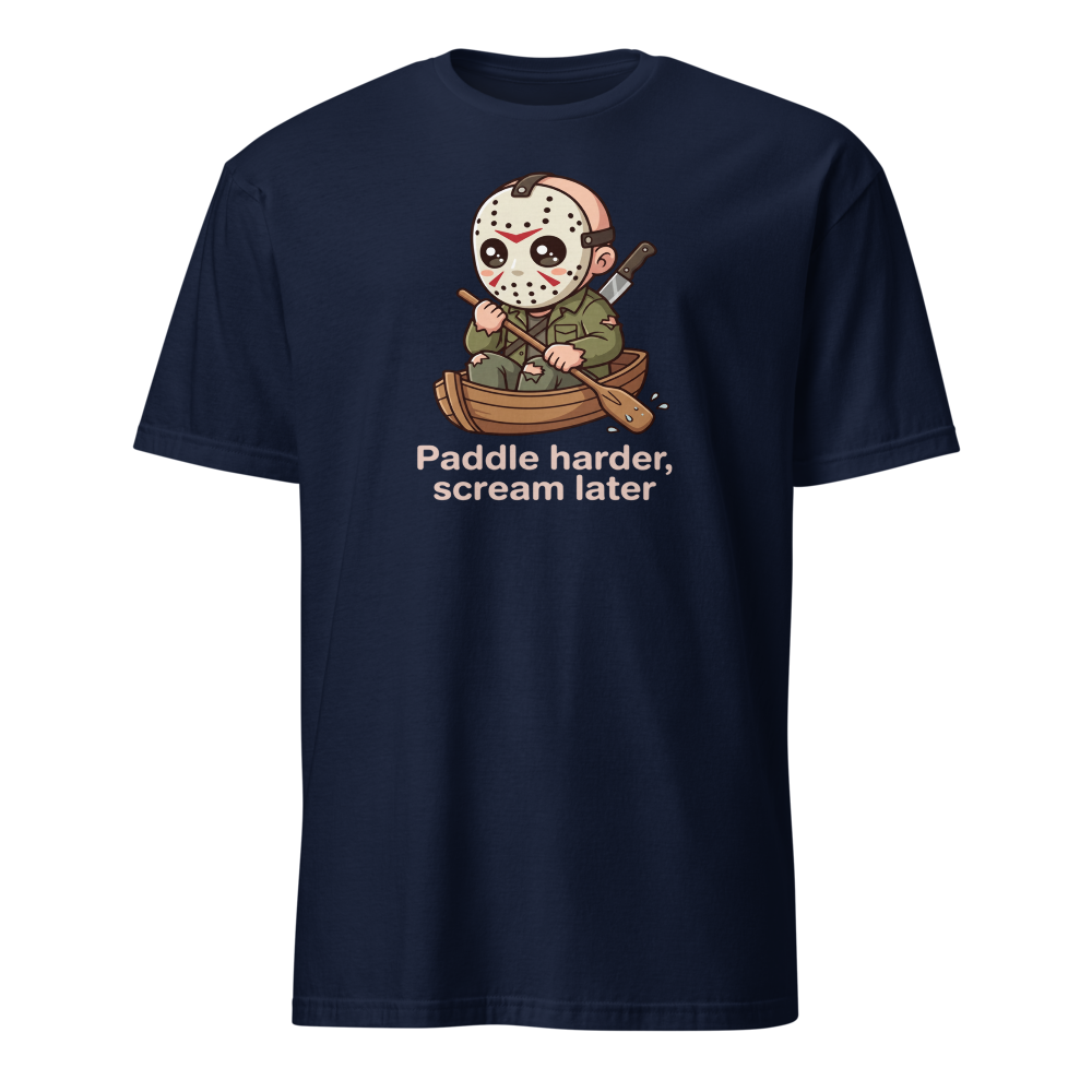 Chibi Slasher Camp Canoe Horror Parody Tee — navy front view