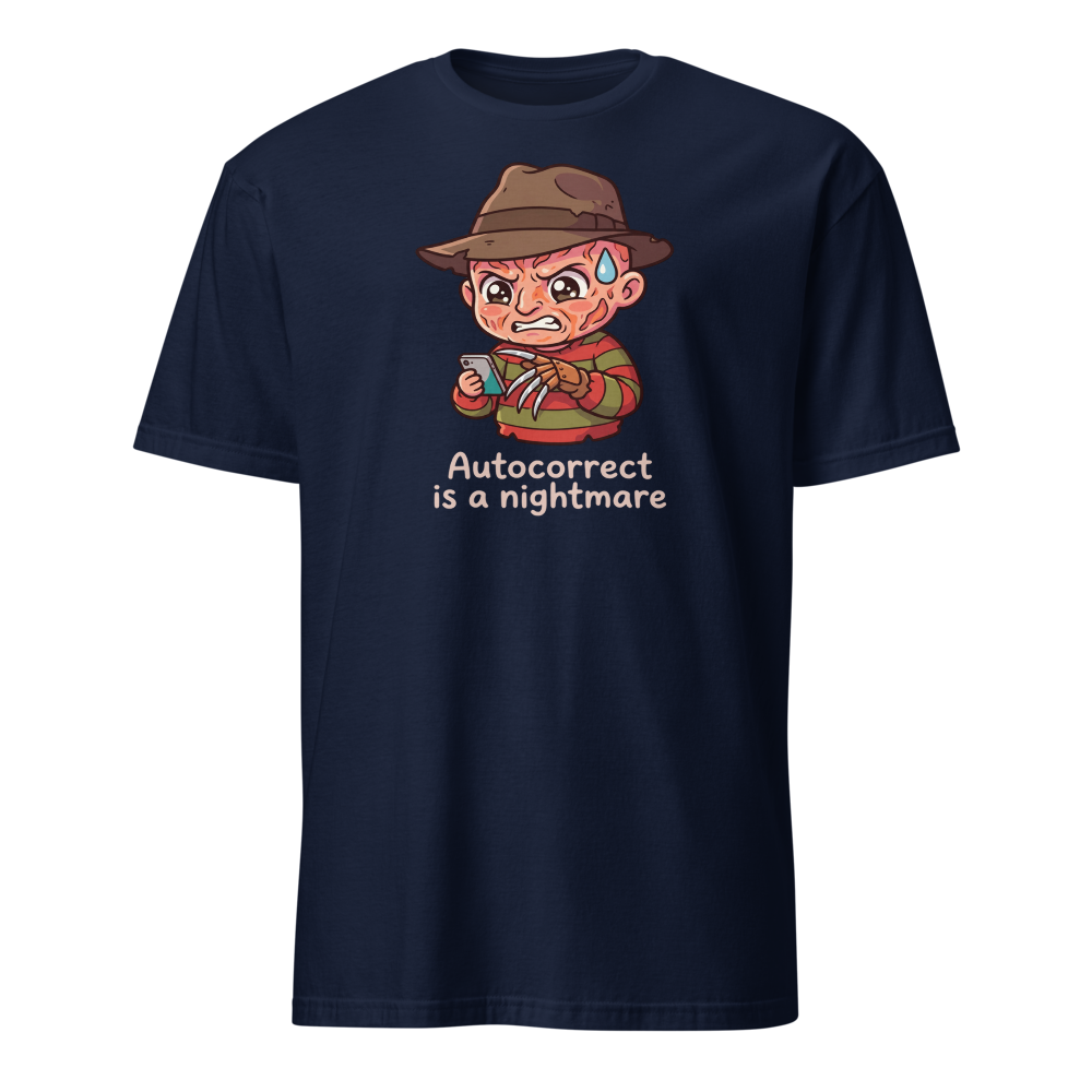 Chibi Slasher Autocorrect Nightmare Horror Parody Tee — navy front view