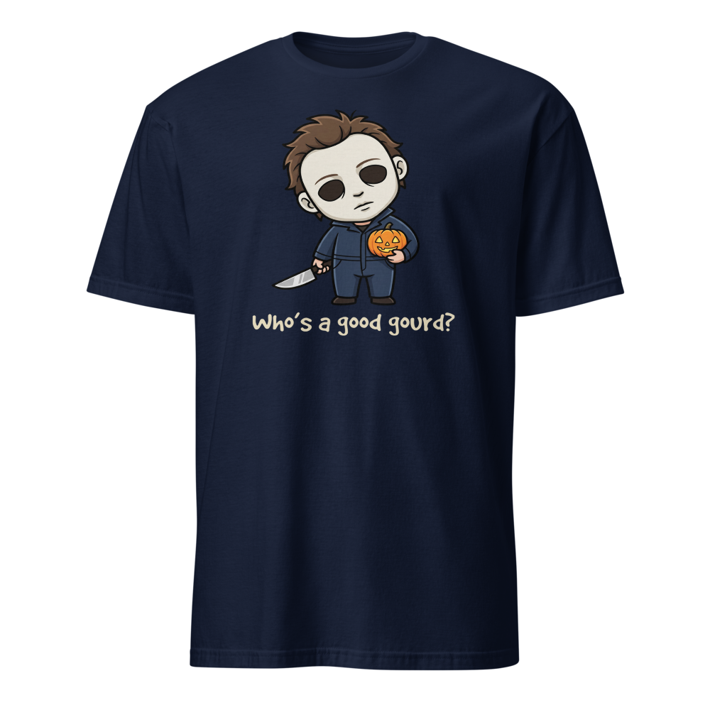 Confused Puppy Slasher Chibi Pumpkin Halloween Tee — navy front view