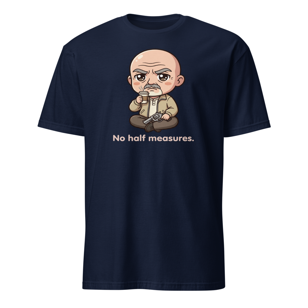 Chibi Stoic Grandpa Hitman Coffee Sipper Tee — navy front view