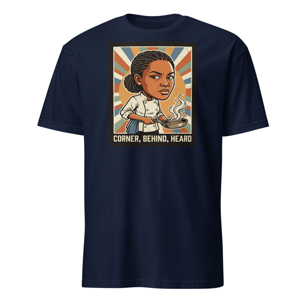 Side-Eye Chef Propaganda Screenprint Kitchen Tee — navy front view