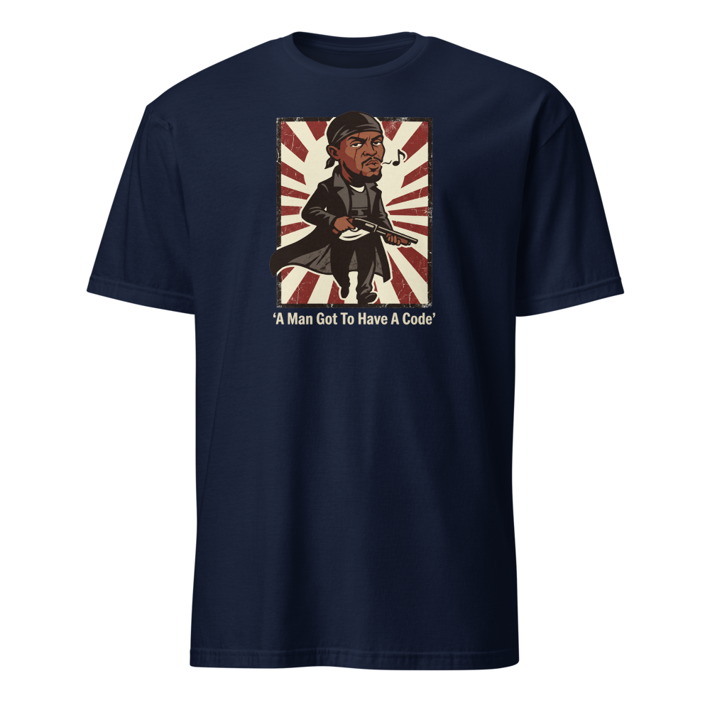 Whistling Stick-Up Man Code Propaganda Tee — navy front view