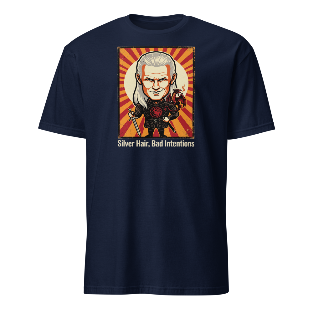 Silver Hair Bad Intentions Rogue Prince Dragon Tee — navy front view