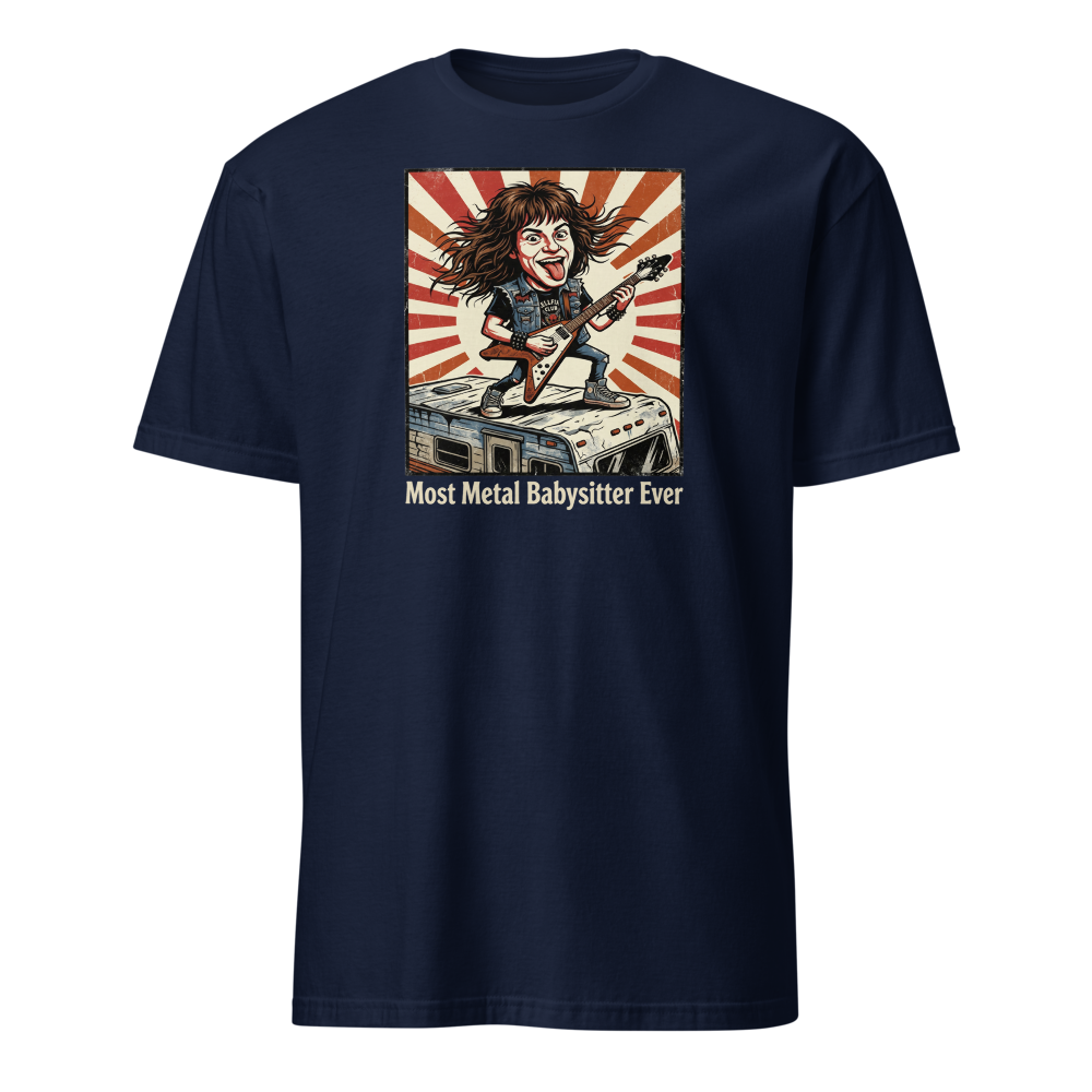 Most Metal Babysitter Ever Flying V Shredder Tee — navy front view