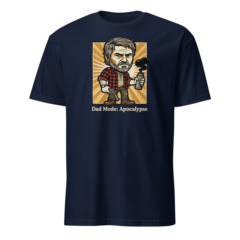 Dad Mode Apocalypse Grumpy Survival Dad Graphic Tee — navy front view