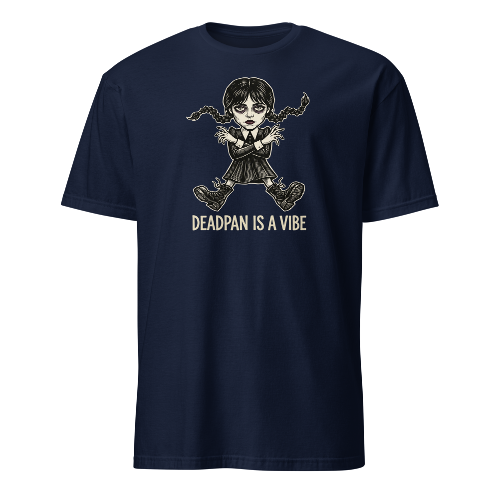 Deadpan Goth Dance Puppet Blackwork Linocut Tee — navy front view