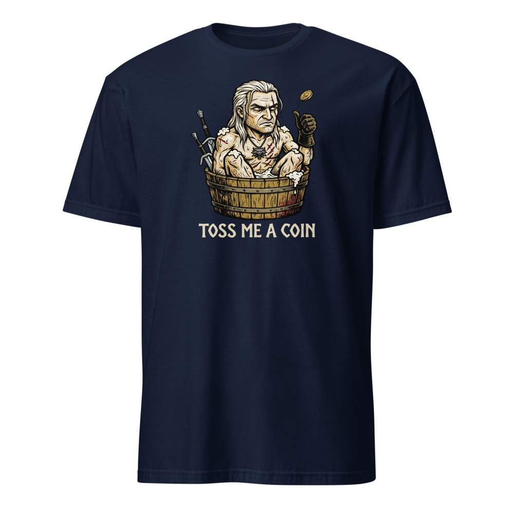 Grumpy Monster Hunter Bathtub Coin Toss Woodcut Tee — navy front view