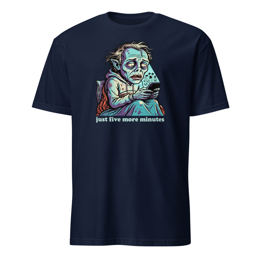 3AM Phone Gremlin Doomscroll Halftone Tee — navy front view