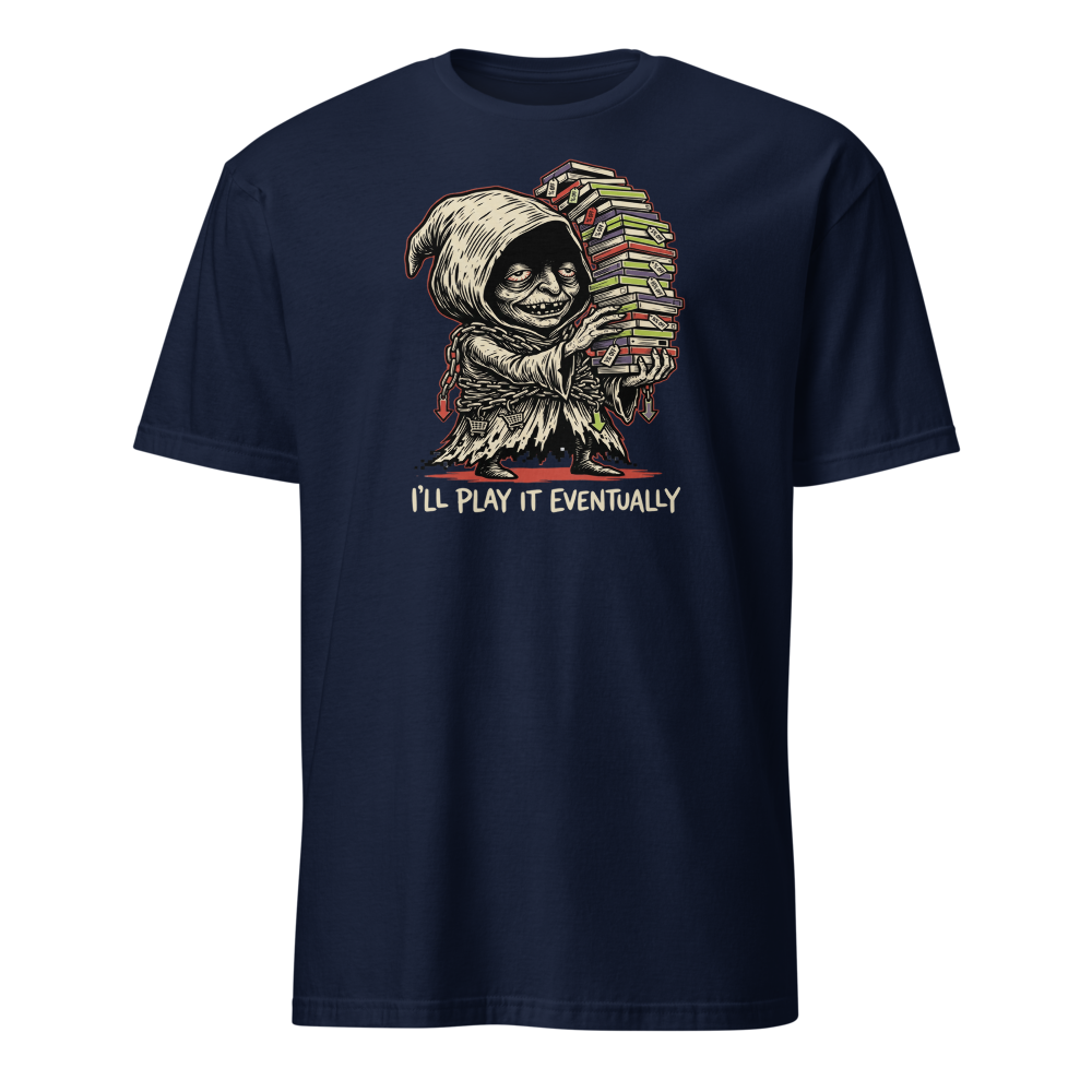 Eternal Sale Backlog Gremlin Linocut Gamer Tee — navy front view
