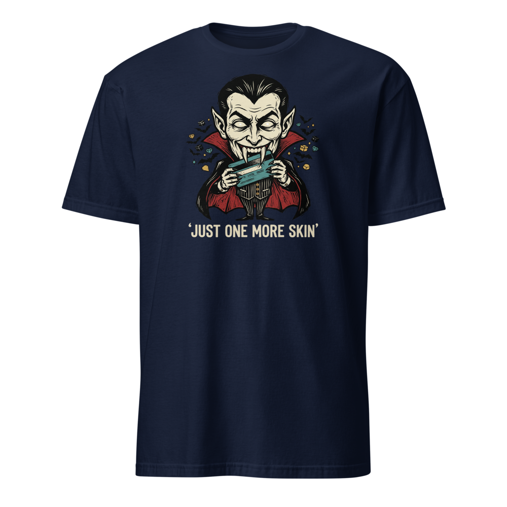 Microtransaction Vampire Woodcut Gaming Meme Tee — navy front view