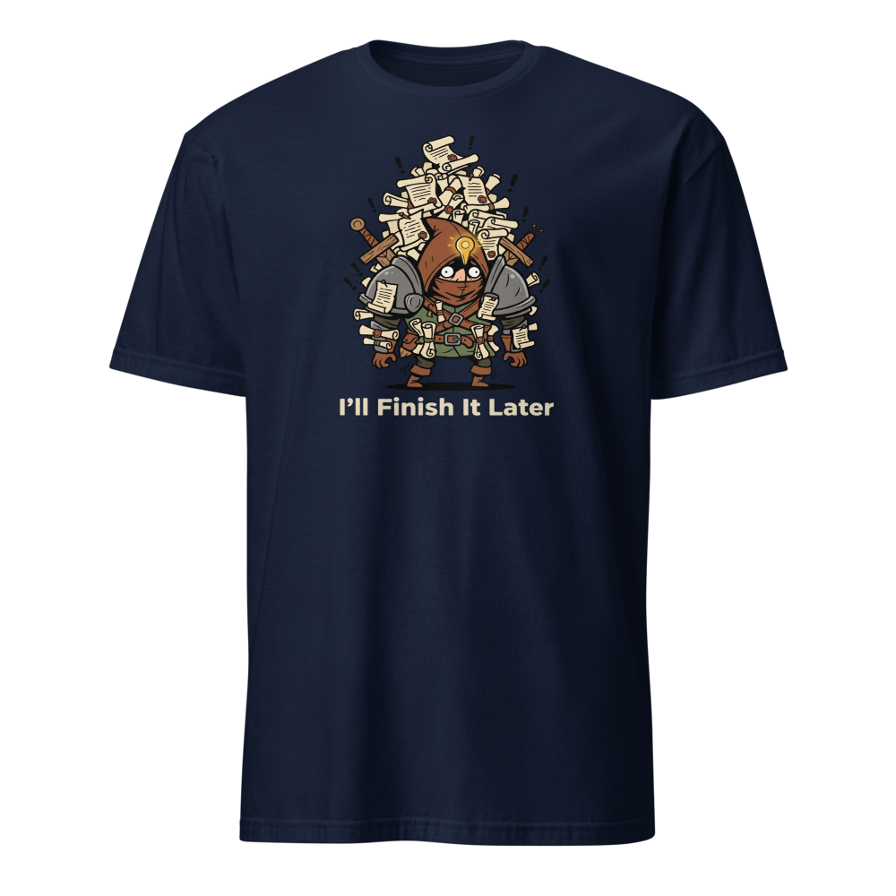 Side Quest Hoarder Retro RPG Gamer Tee — navy front view