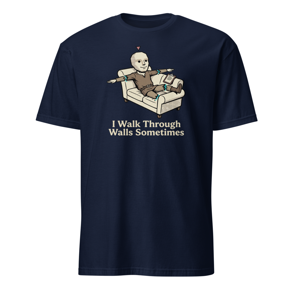 Glitched NPC Therapy Couch Wall-Walk Gamer Tee — navy front view
