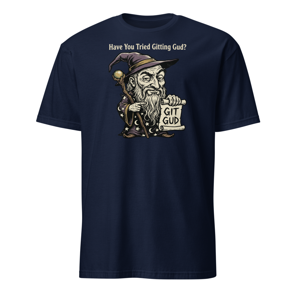 Git Gud Wizard Mentor Woodcut Gamer Meme Tee — navy front view