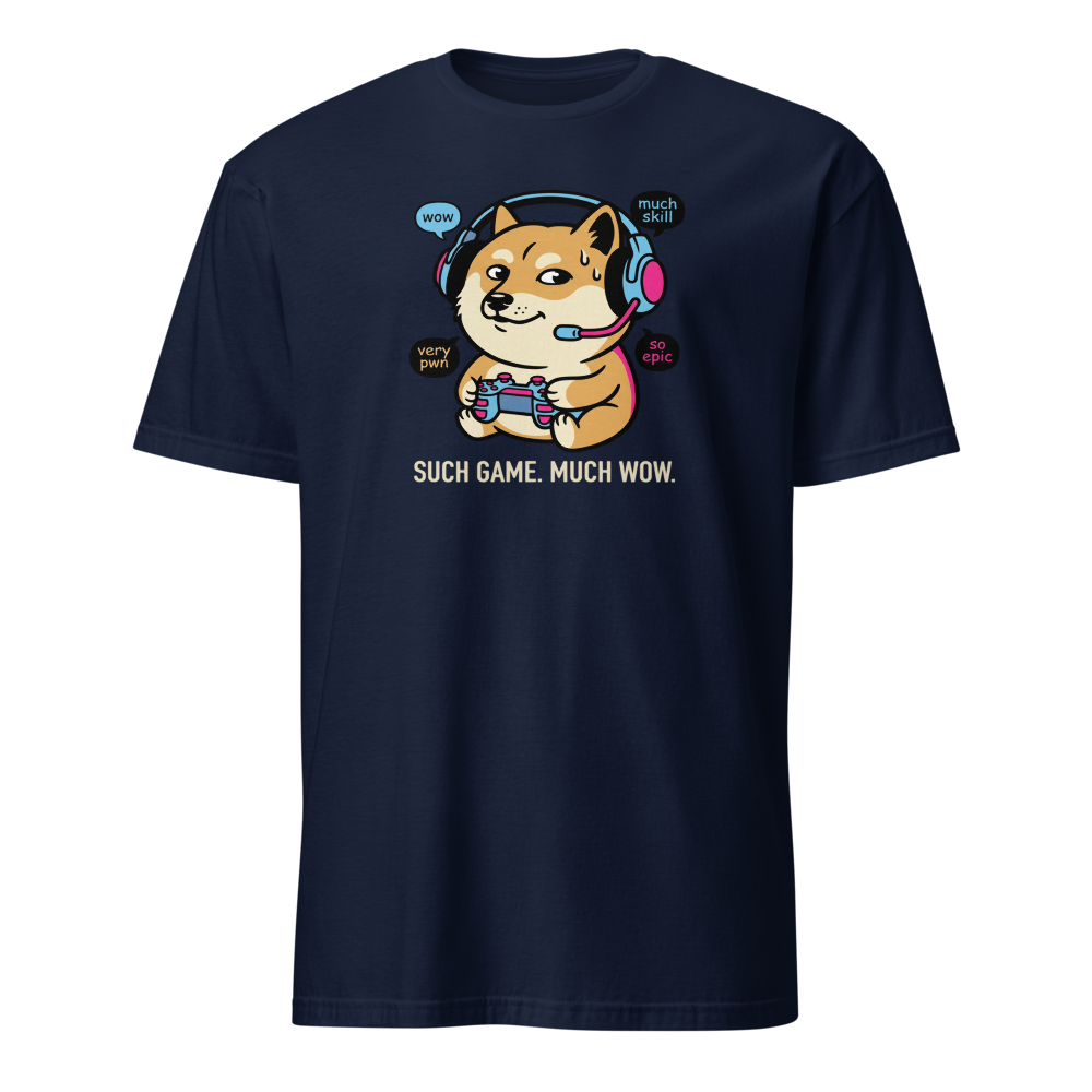 Sweaty Shiba Streamer Such Wow Gaming Meme Tee — navy front view
