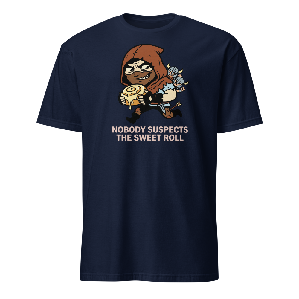 Nobody Suspects The Sweet Roll Retro RPG Thief Tee — navy front view